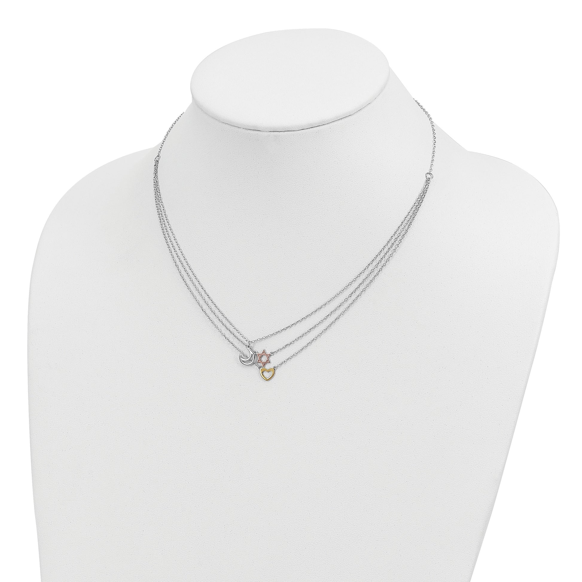 Sterling Silver RH-pltd Gold and Rose-tone Sun Moon Star Necklace
