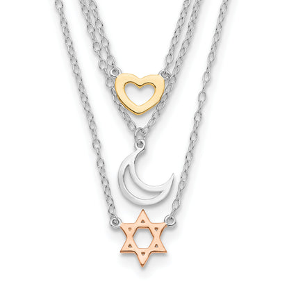 Sterling Silver RH-pltd Gold and Rose-tone Sun Moon Star Necklace