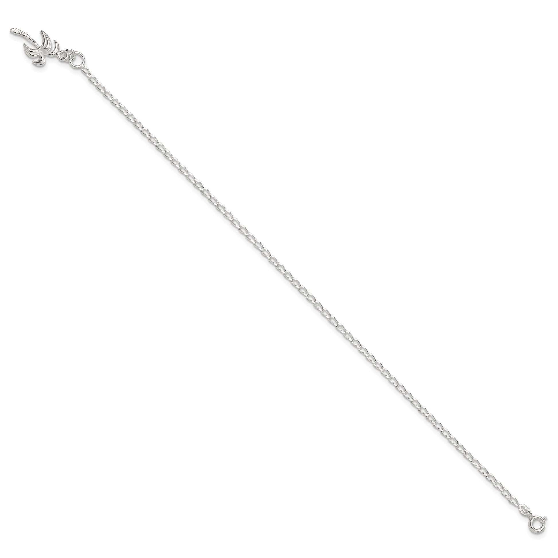Sterling Silver 10inch Solid Polished Palm Tree Anklet