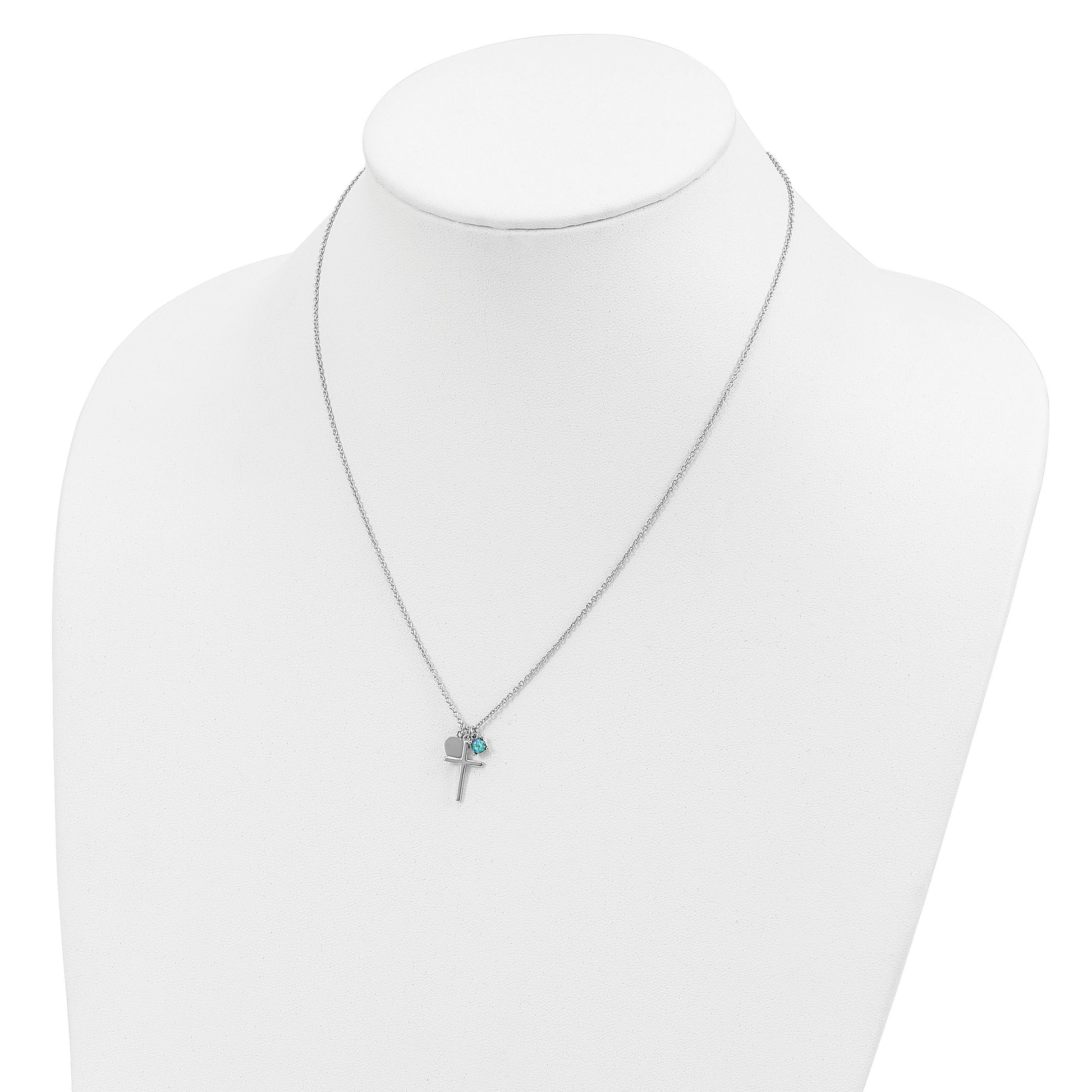 Sterling Silver Rhodium-plated Created Blue Opal Cross Necklace