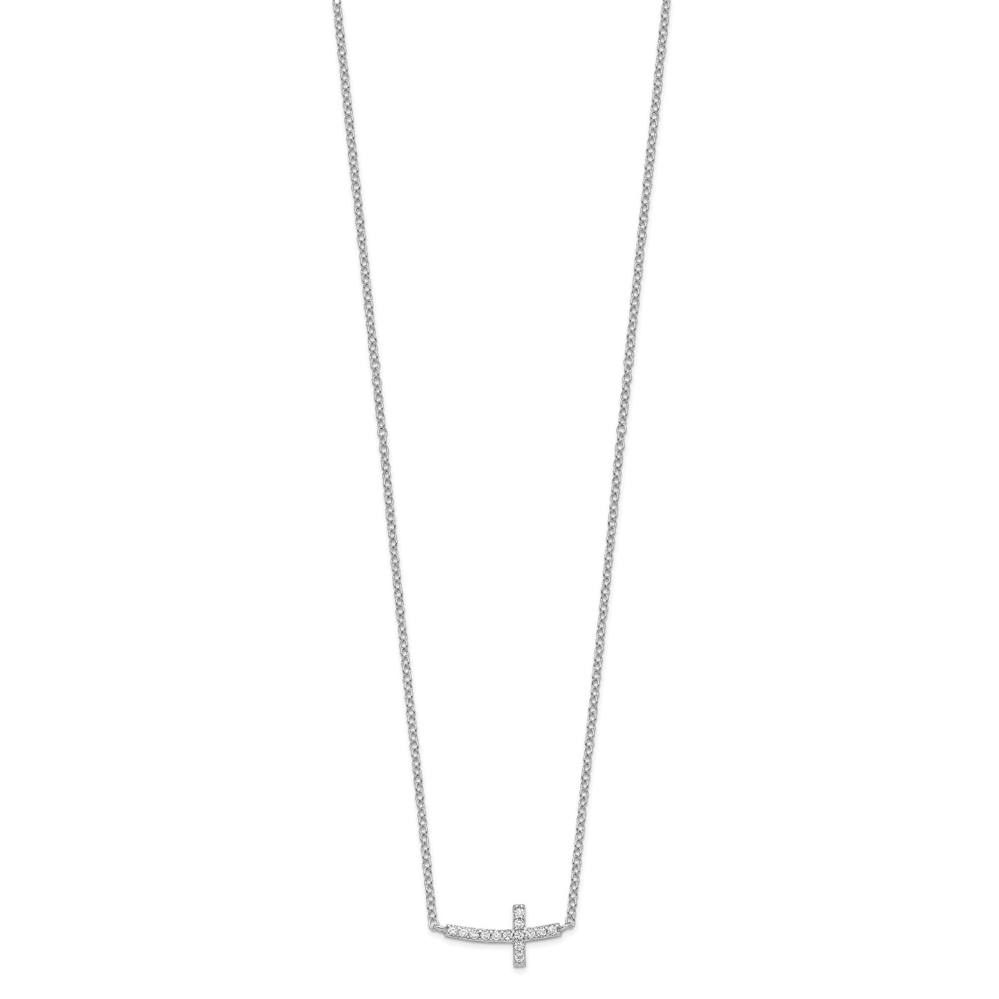 Sterling Silver Rhodium-plated CZ Sideways Cross 16 inch Necklace with 2 inch extension