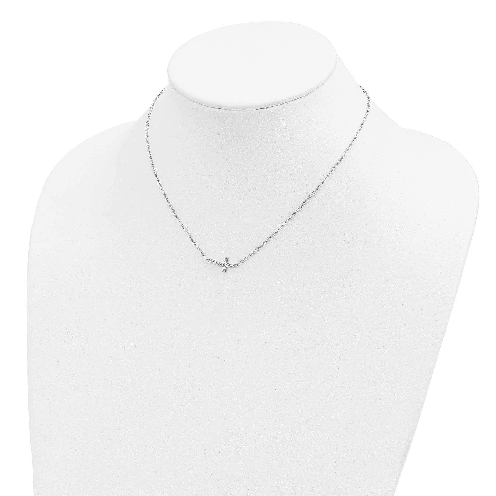 Sterling Silver Rhodium-plated CZ Sideways Cross w/2 inch ext Necklace
