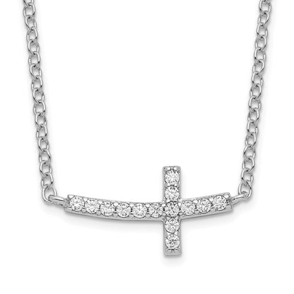 Sterling Silver Rhodium-plated CZ Sideways Cross w/2 inch ext Necklace
