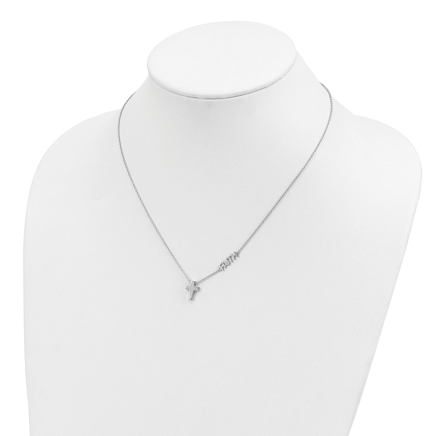 Sterling Silver Rhodium-plated FAITH w/Cross Necklace