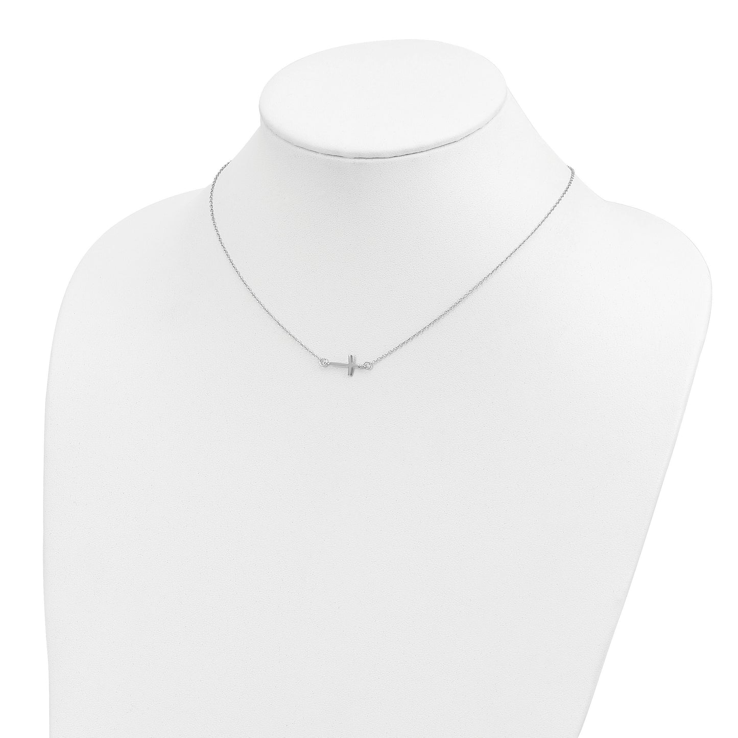 Sterling Silver Rhodium-plated w/ 2in ext. Sideways Cross Necklace