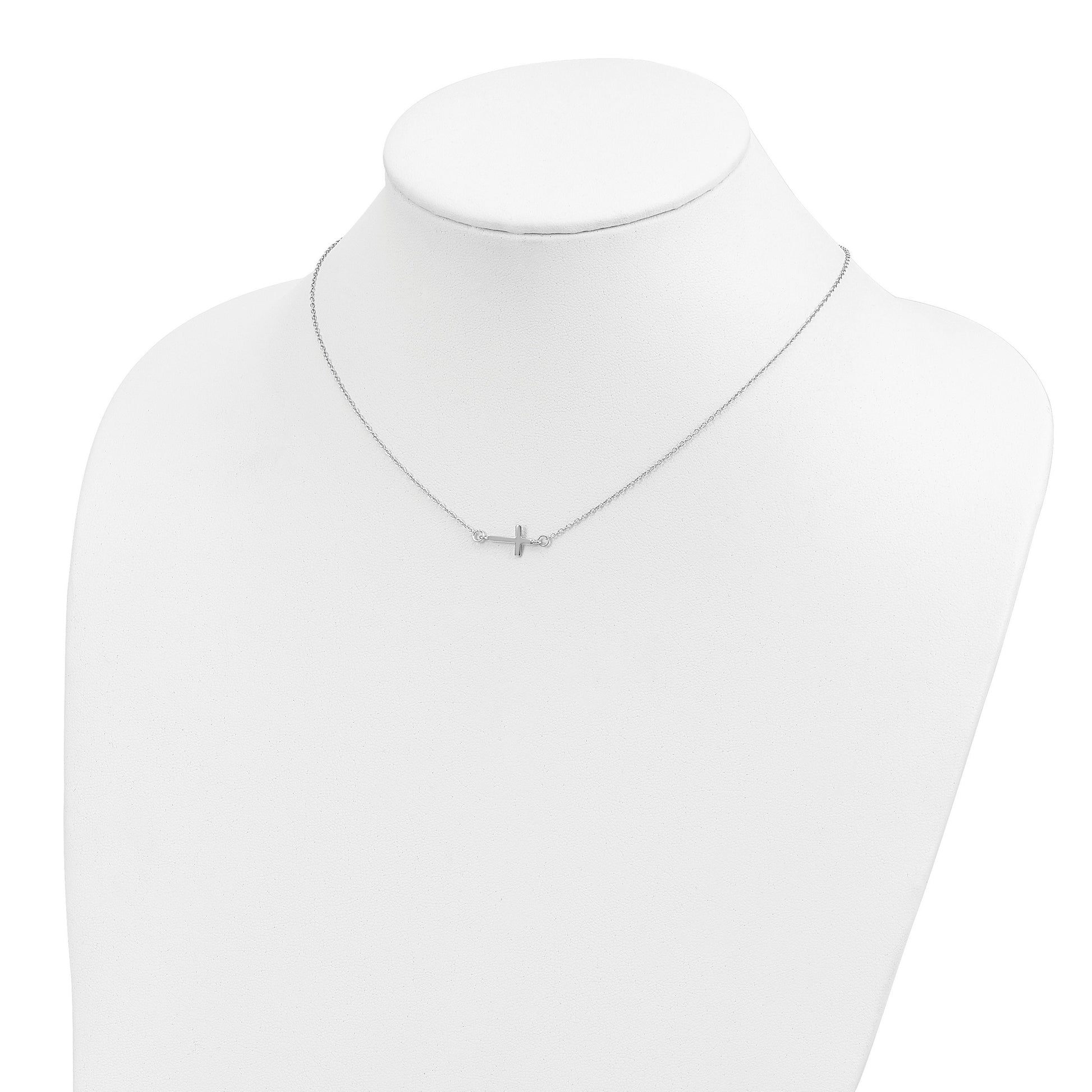Sterling Silver Rhodium-plated w/ 2in ext. Sideways Cross Necklace