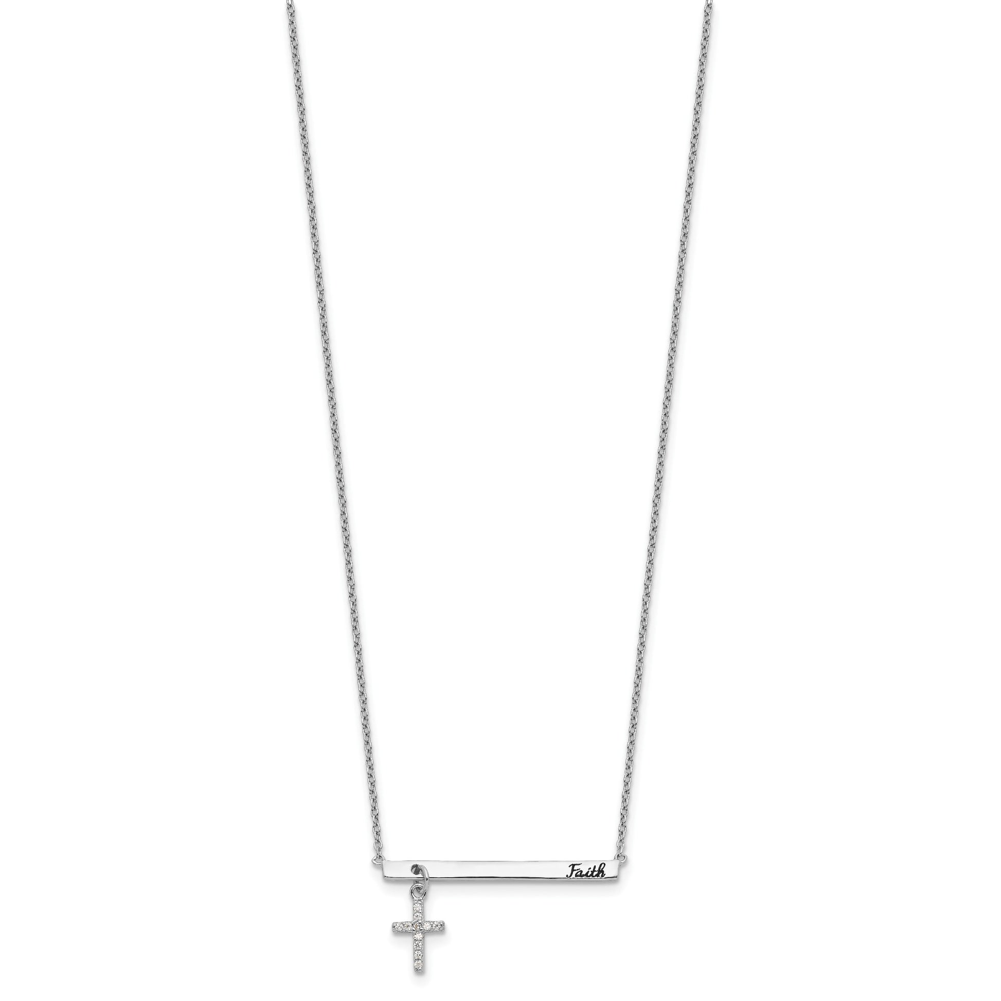Sterling Silver RH-plated CZ Cross Black Enamel FAITH 16in w/2in ext. Bar Necklace