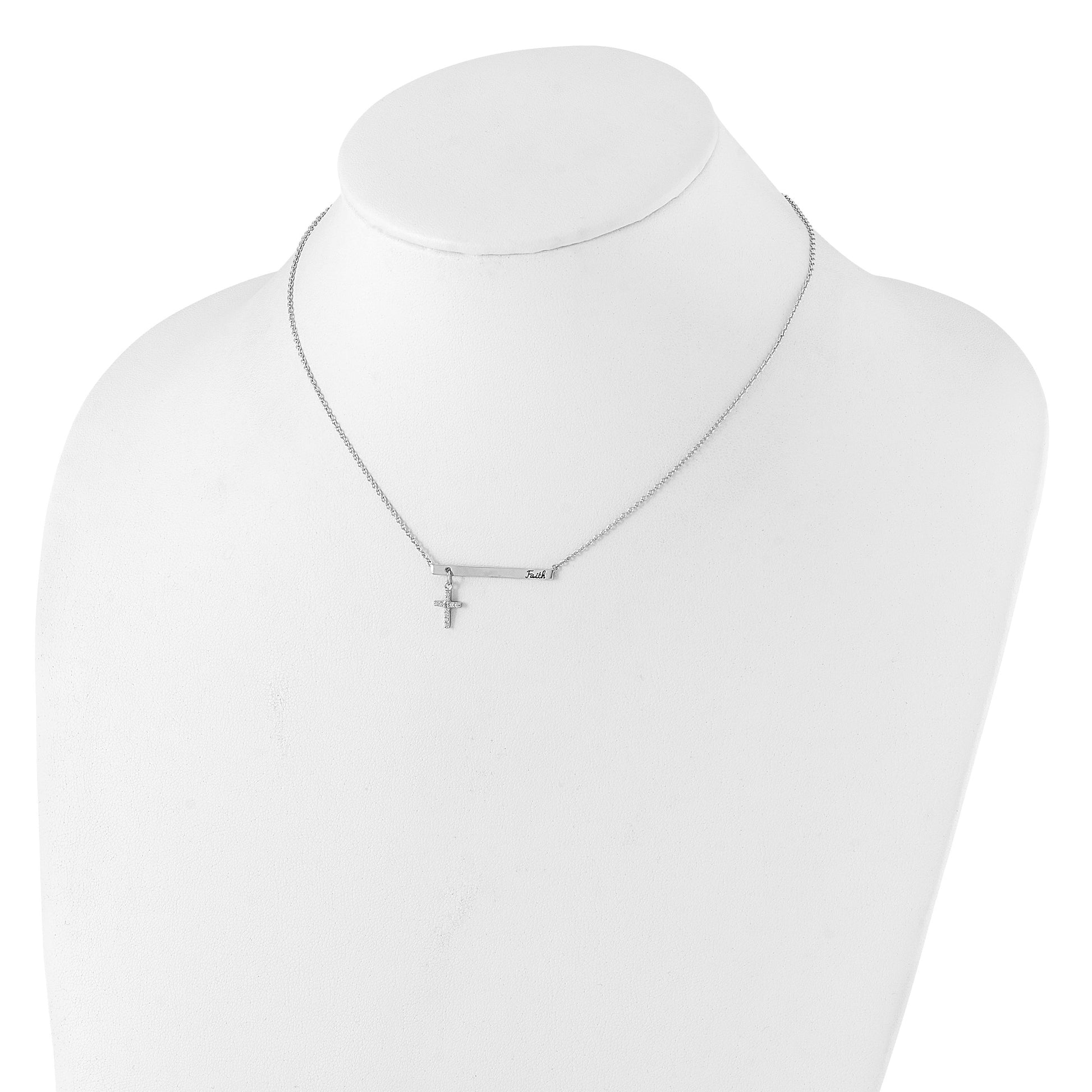 Sterling Silver RH-plated CZ Cross Black Enamel FAITH 16in w/2in ext. Bar Necklace