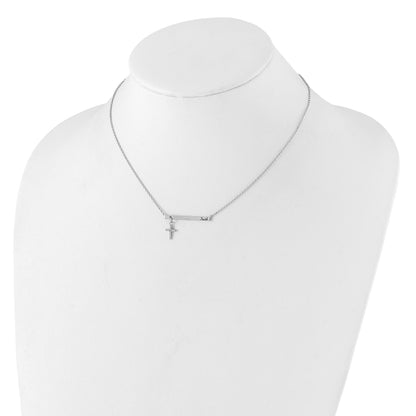 Sterling Silver RH-plated CZ Cross Black Enamel FAITH 16in w/2in ext. Bar Necklace
