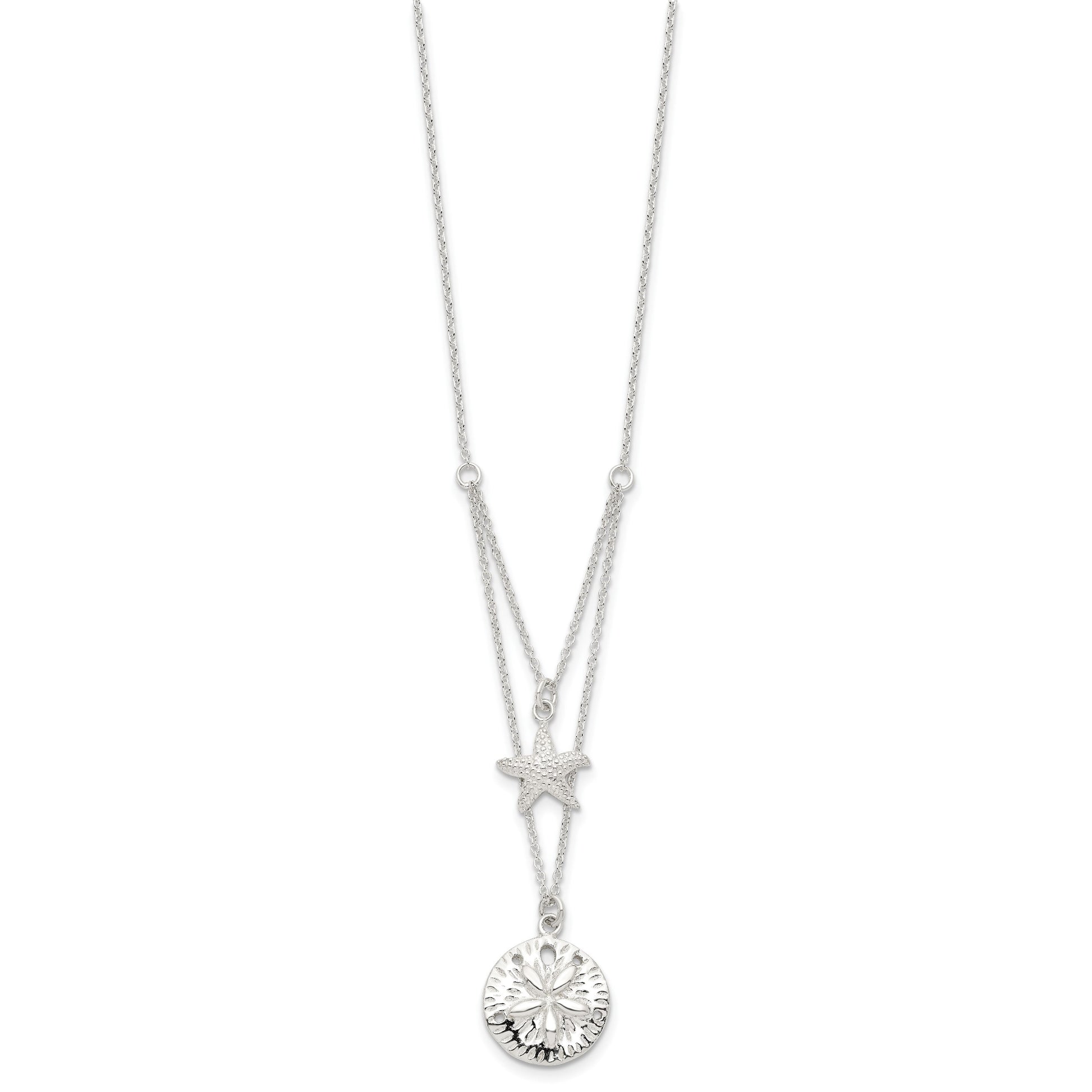 Sterling Silver Starfish and Sand Dollar 18 inch 2-strand Necklace