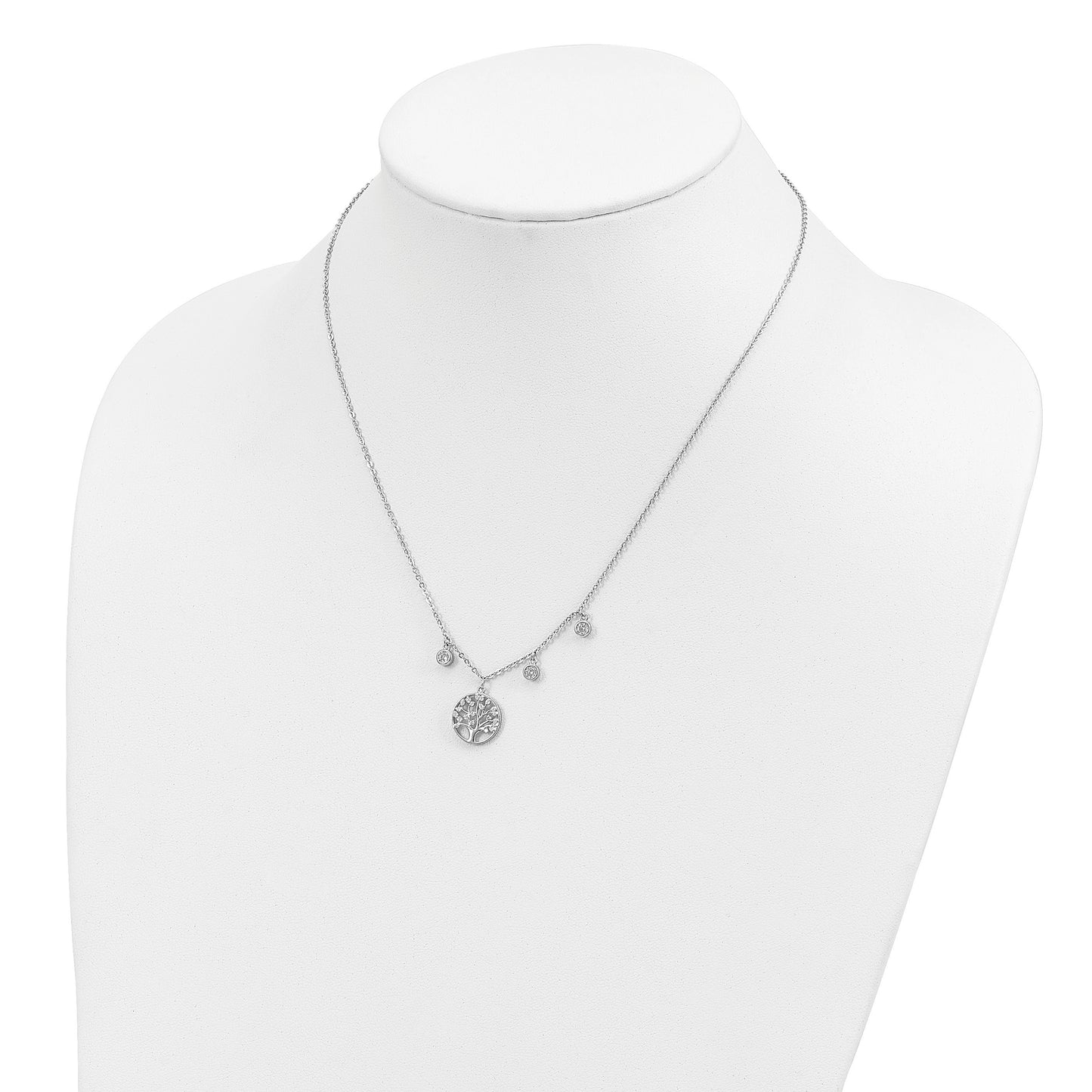 Sterling Silver Rhodium-plated CZ with Tree with 1in ext. Necklace