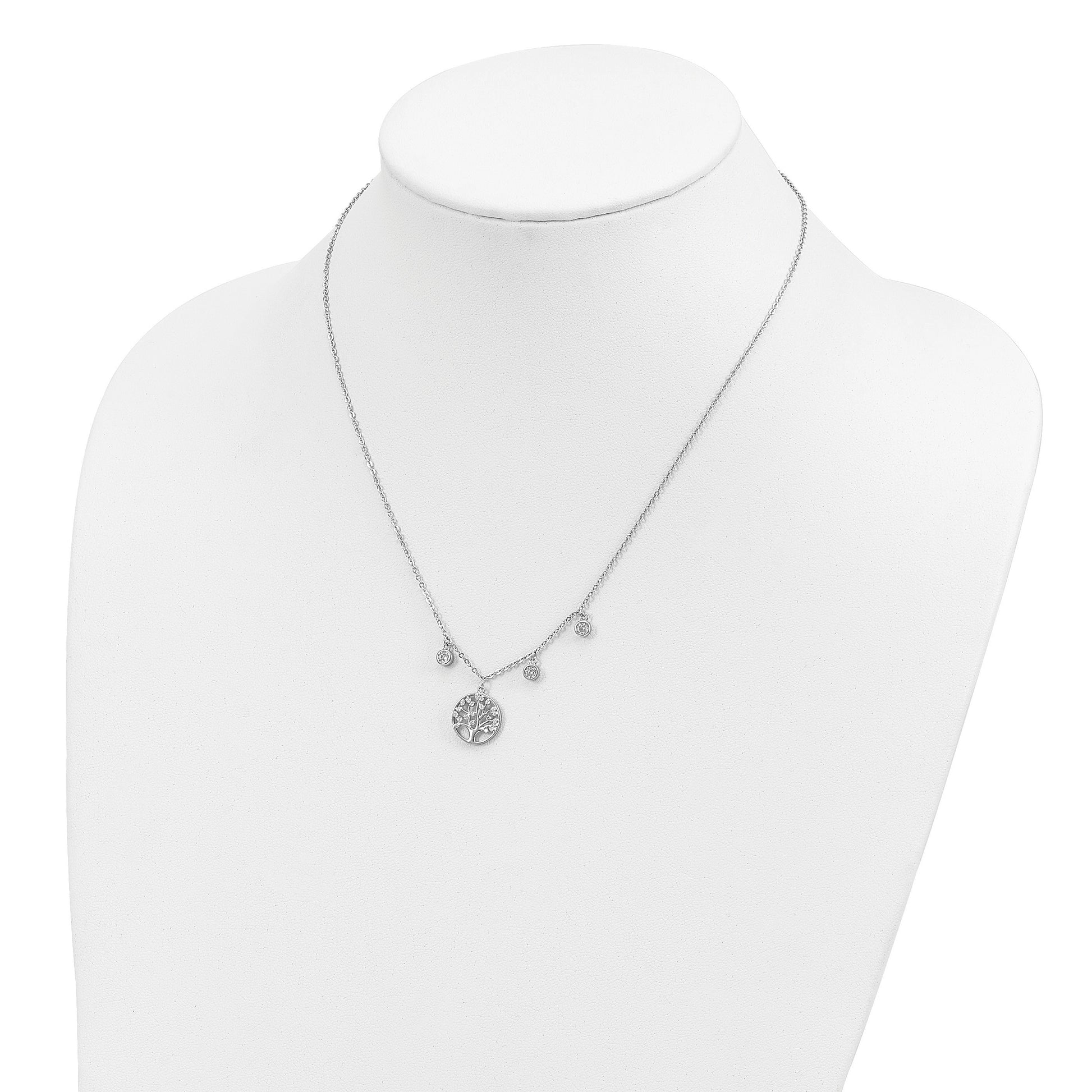 Sterling Silver Rhodium-plated CZ with Tree with 1in ext. Necklace