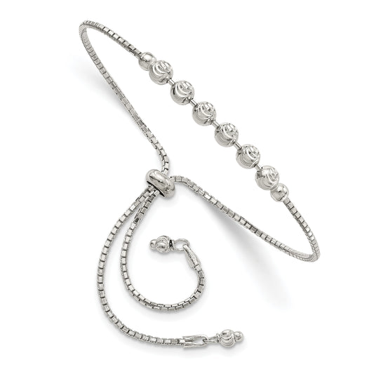 Sterling Silver Rhodium-plated Diamond-cut Beaded Adjustable Bracelet