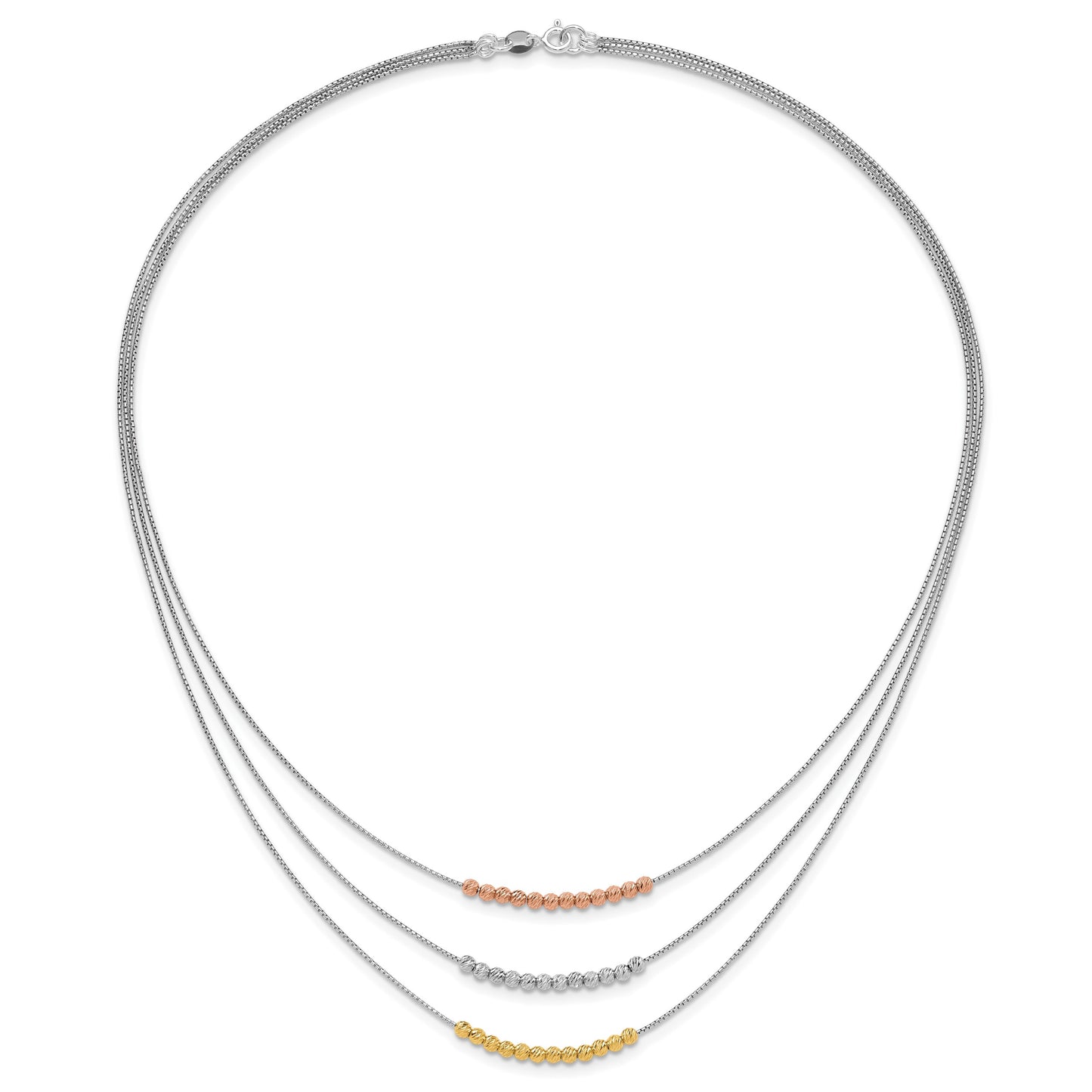 Sterling Silver Rhod-plated Diamond-cut Gold/Rose-tone 3 Strand Necklace