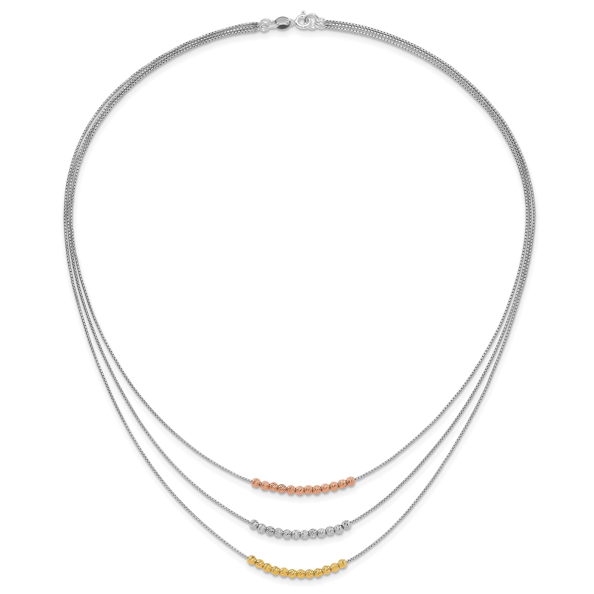 Sterling Silver Rhod-plated Diamond-cut Gold/Rose-tone 3 Strand Necklace