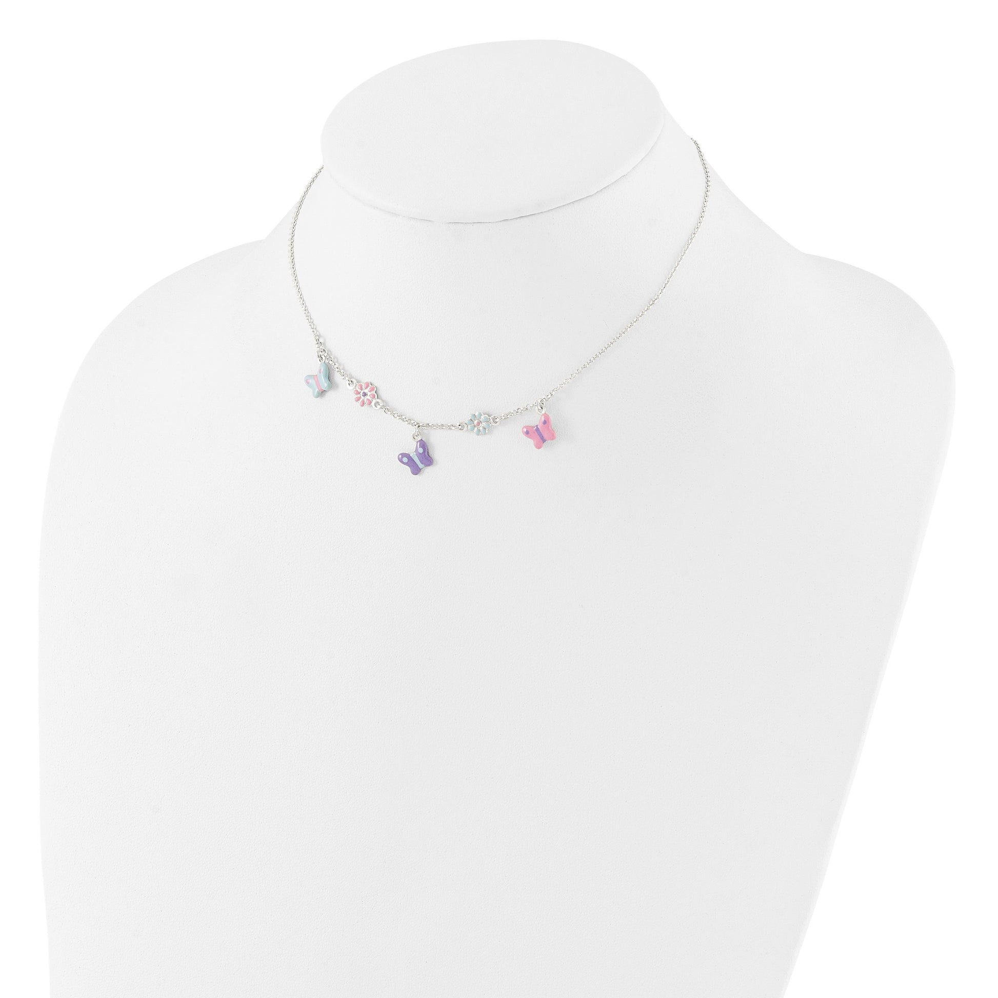 Sterling Silver Polished Enameled Floral & Butterfly Children's Necklace