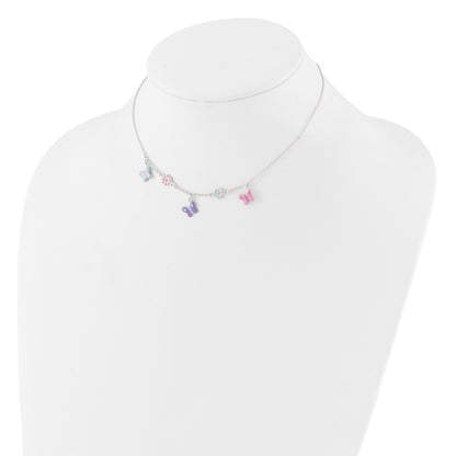 Sterling Silver Polished Enameled Floral & Butterfly Children's Necklace