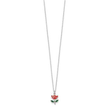 Sterling Silver Polished Red & Green Enameled Flower Children's Necklace