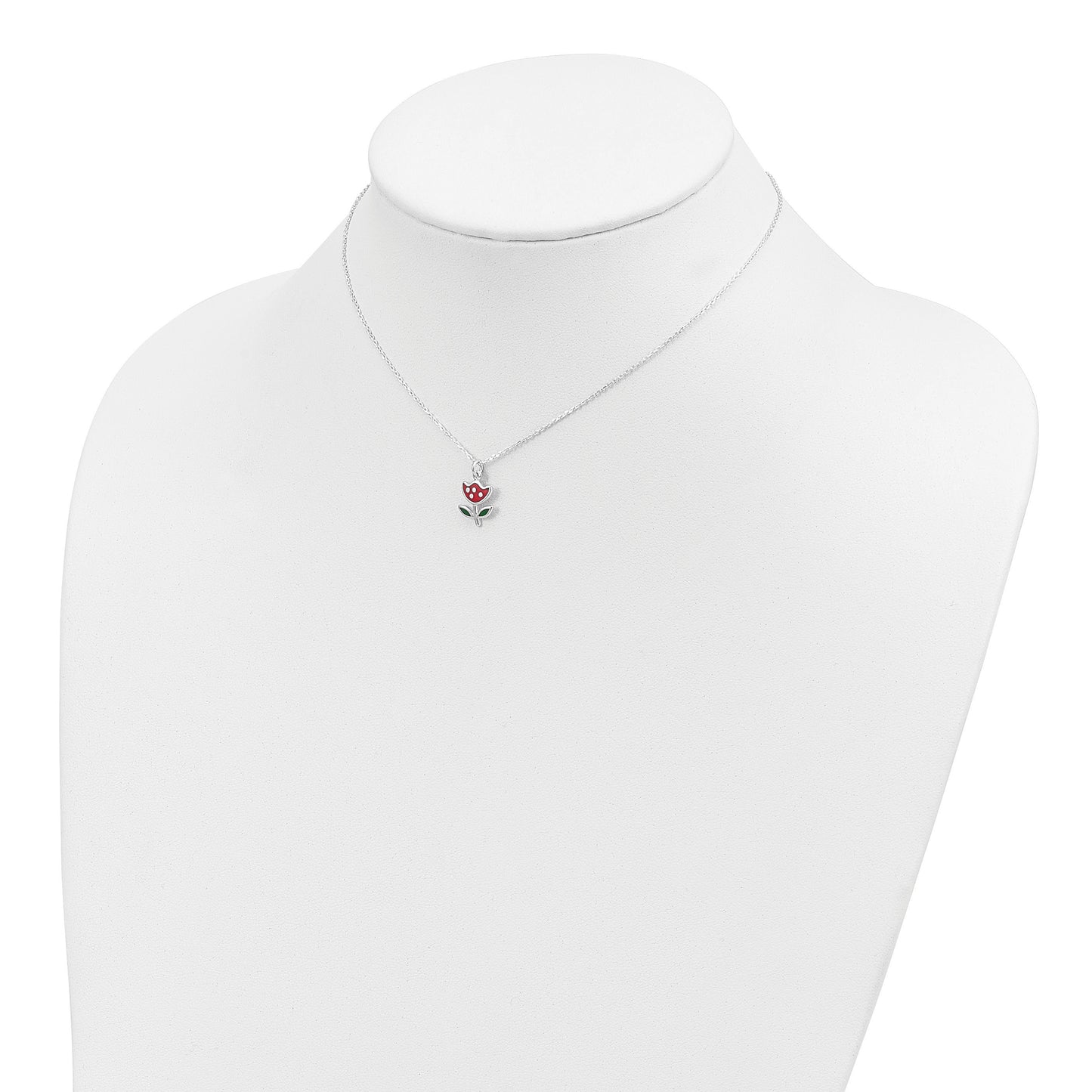 Sterling Silver Polished Red & Green Enameled Flower Children's Necklace