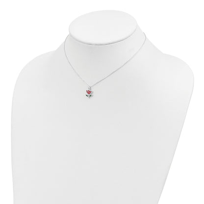 Sterling Silver Polished Red & Green Enameled Flower Children's Necklace