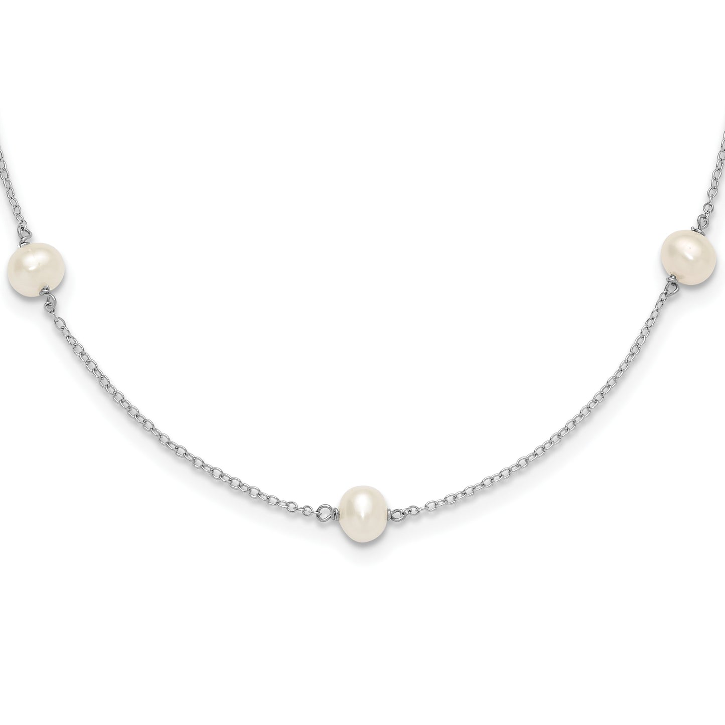 Sterling Silver Rhodium-plated 5-5.5mm White Semi-Round Freshwater Cultured Pearl 5-Station Children's 12 inch Necklace