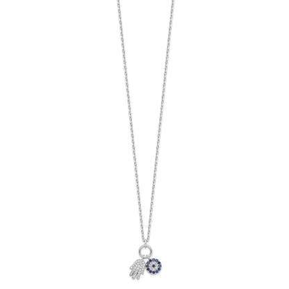 Sterling Silver Rhod-plated CZ Eye and Hamsa Charm Necklace