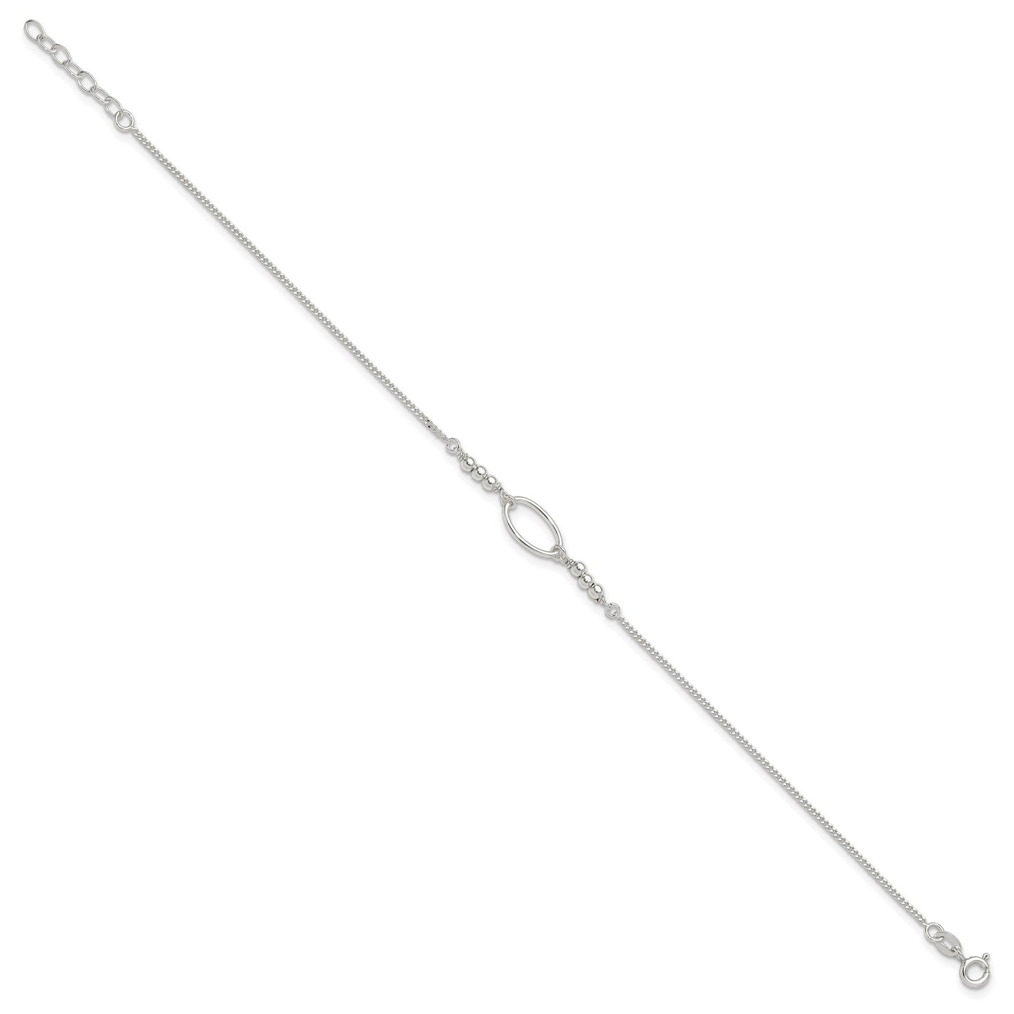 Sterling Silver Oval Link and Beads 9 inch Plus 1 inch Extender - Total 10 inch Anklet