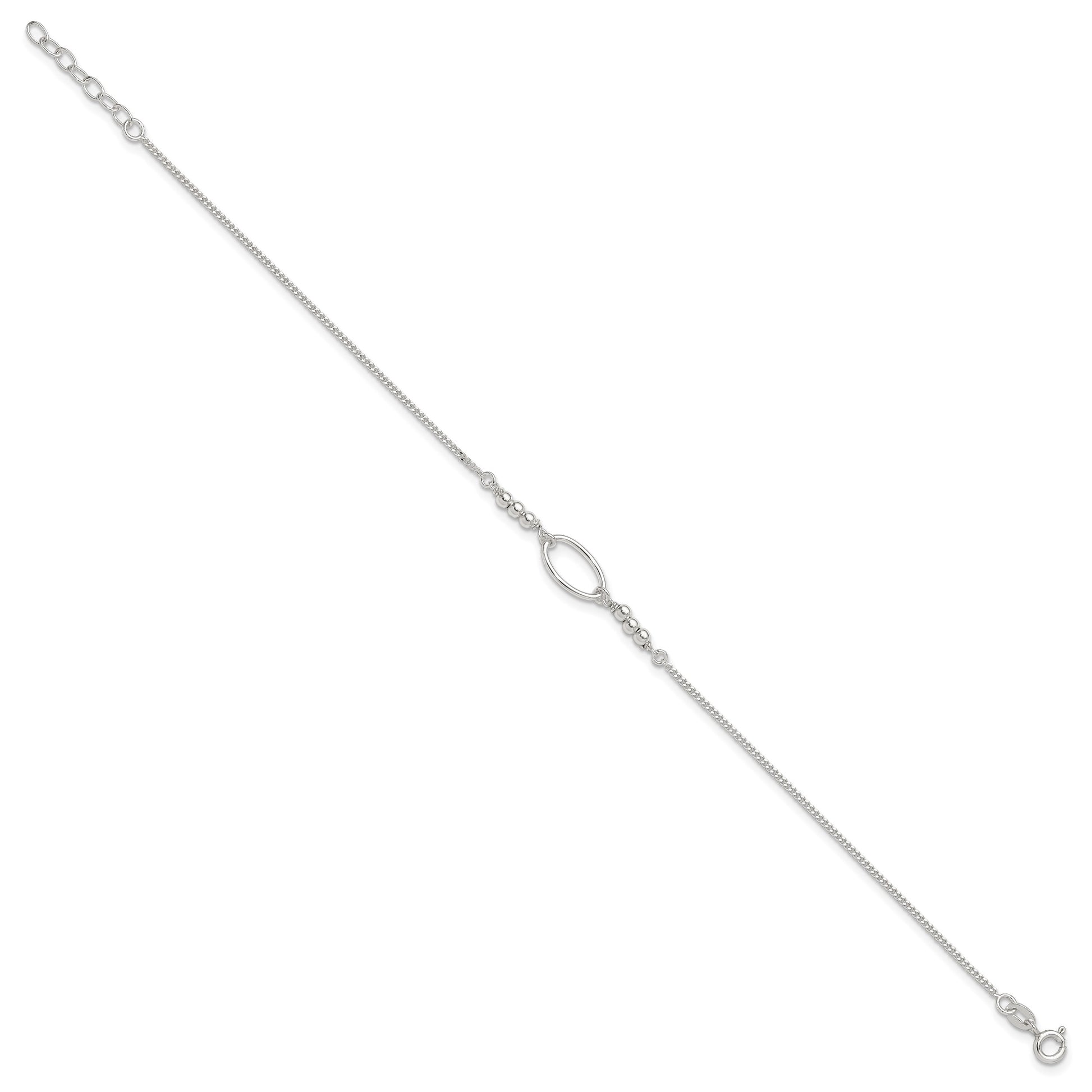 Sterling Silver Oval Link and Beads 9 inch Plus 1 inch Extender - Total 10 inch Anklet