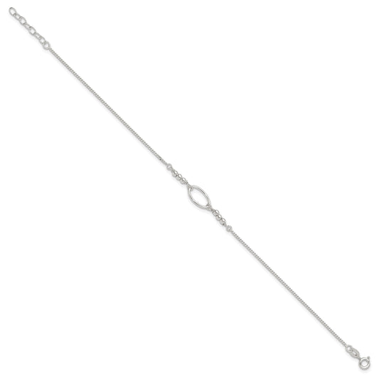 Sterling Silver Oval Link and Beads 9 inch Plus 1 inch Extender - Total 10 inch Anklet