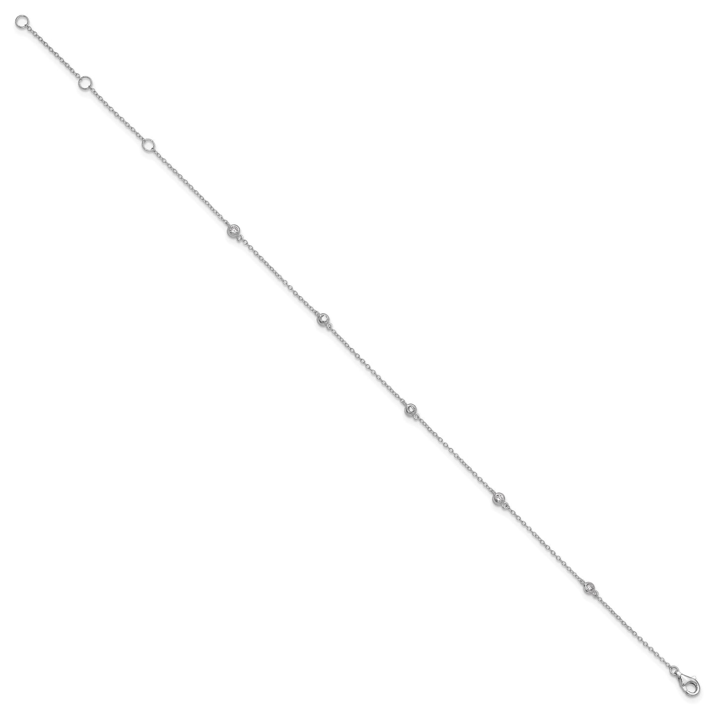 Sterling Silver Rhodium-plated Bezel CZ 5-Station 10 inch Plus 2 inch Extender  - Total 12 inch Anklet