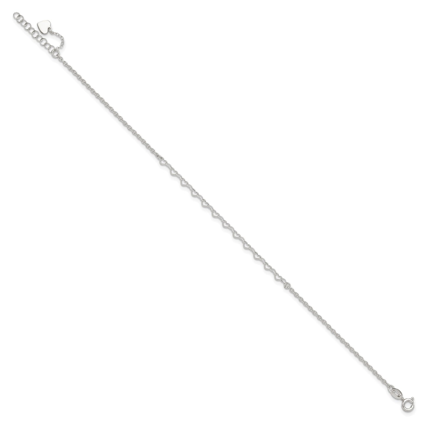Sterling Silver Heart Link 9 inch Plus 1 inch Extender - Total 10 inch Anklet