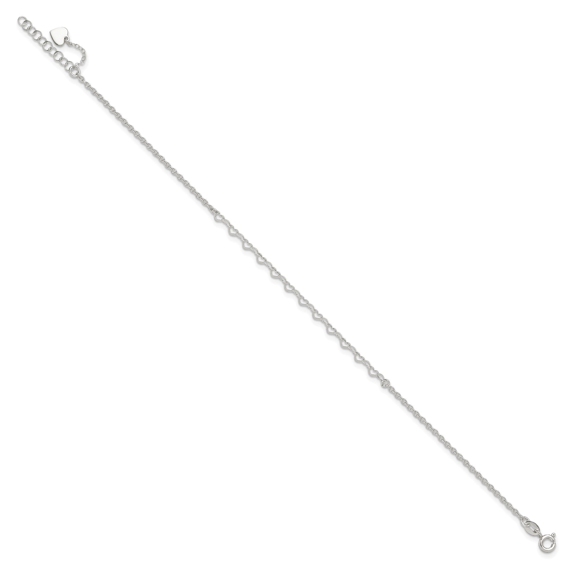 Sterling Silver Heart Link 9 inch Plus 1 inch Extender - Total 10 inch Anklet