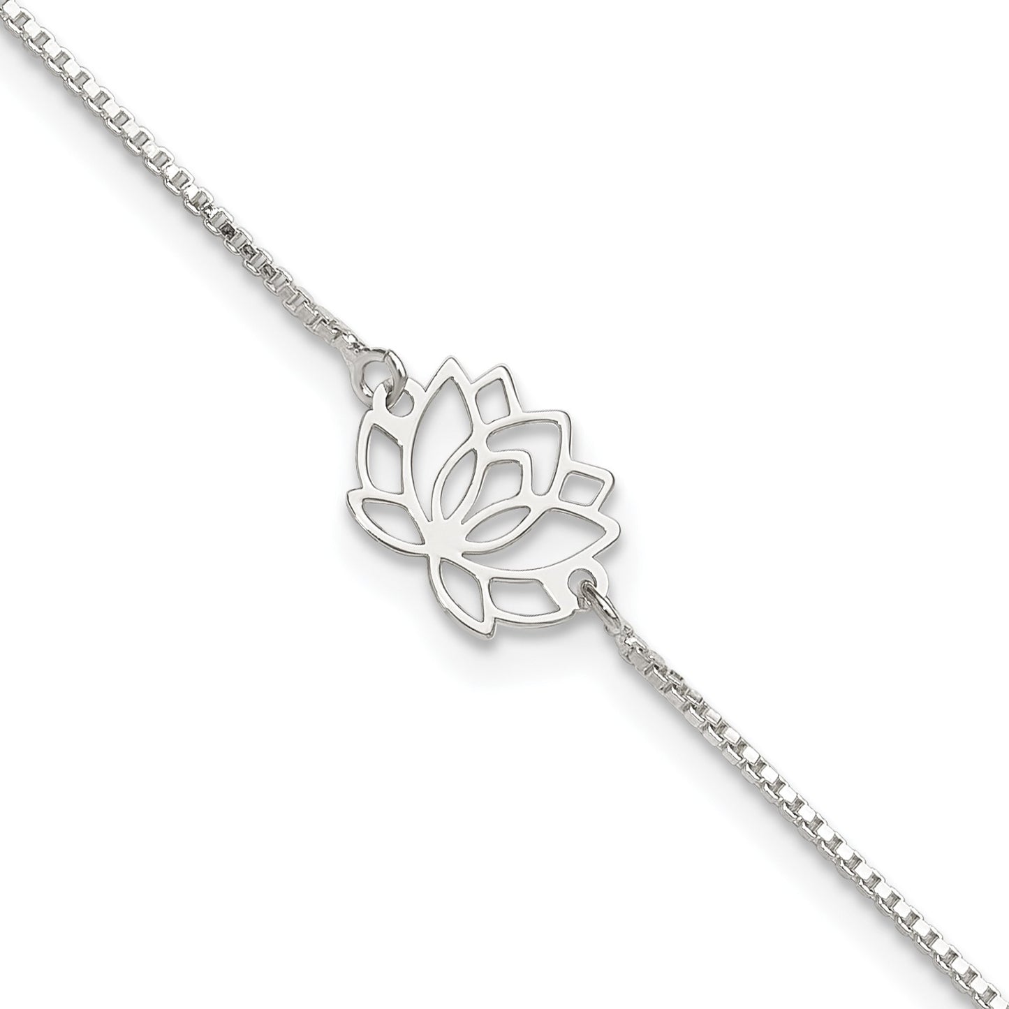 Sterling Silver Lotus with Blue Fabric Tassel 9 inch Plus 1 inch Extender - Total 10 inch Anklet