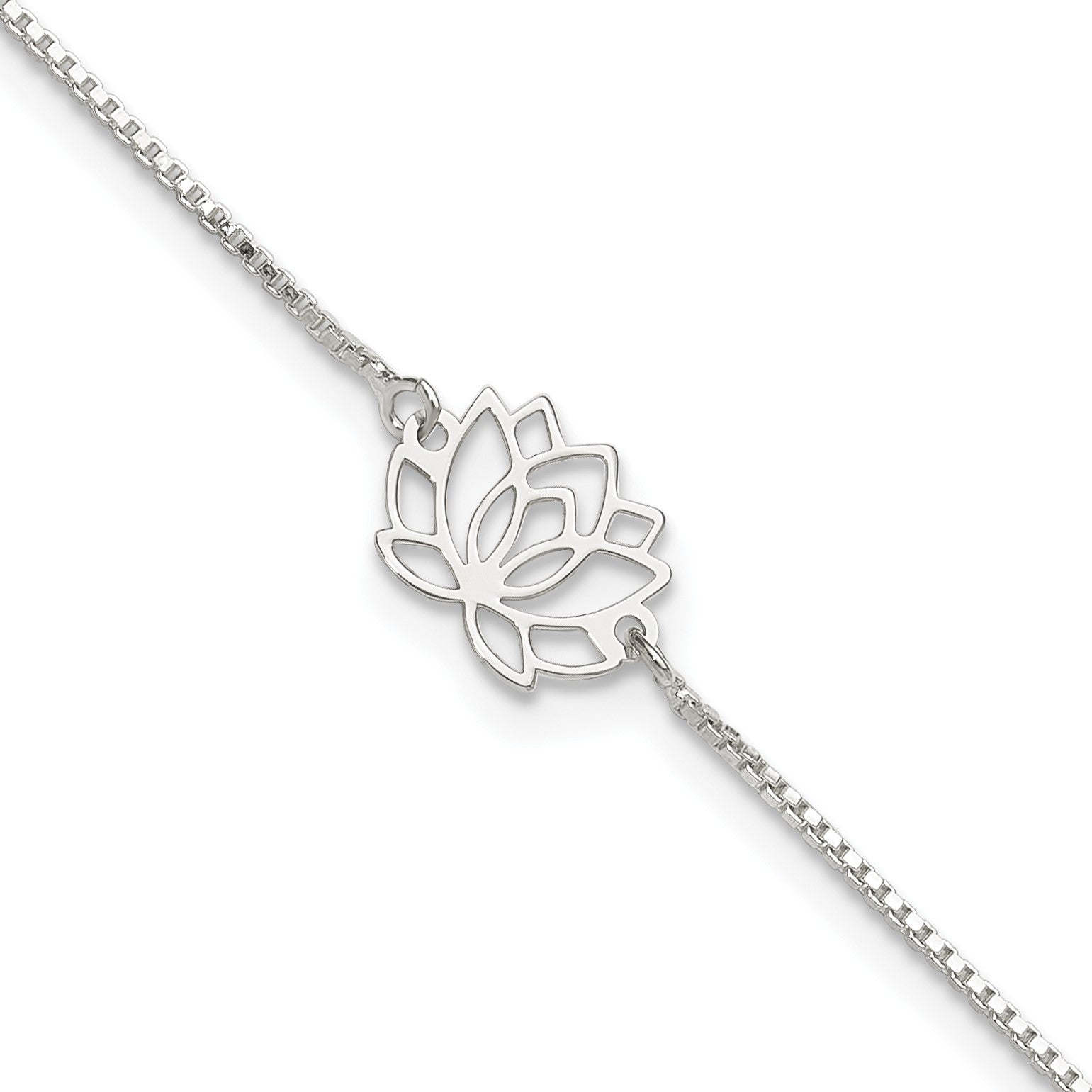 Sterling Silver Lotus with Blue Fabric Tassel 9 inch Plus 1 inch Extender - Total 10 inch Anklet