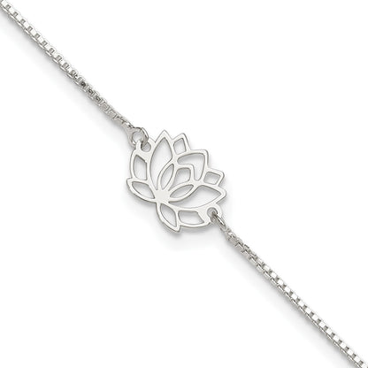 Sterling Silver Lotus with Blue Fabric Tassel 9 inch Plus 1 inch Extender - Total 10 inch Anklet