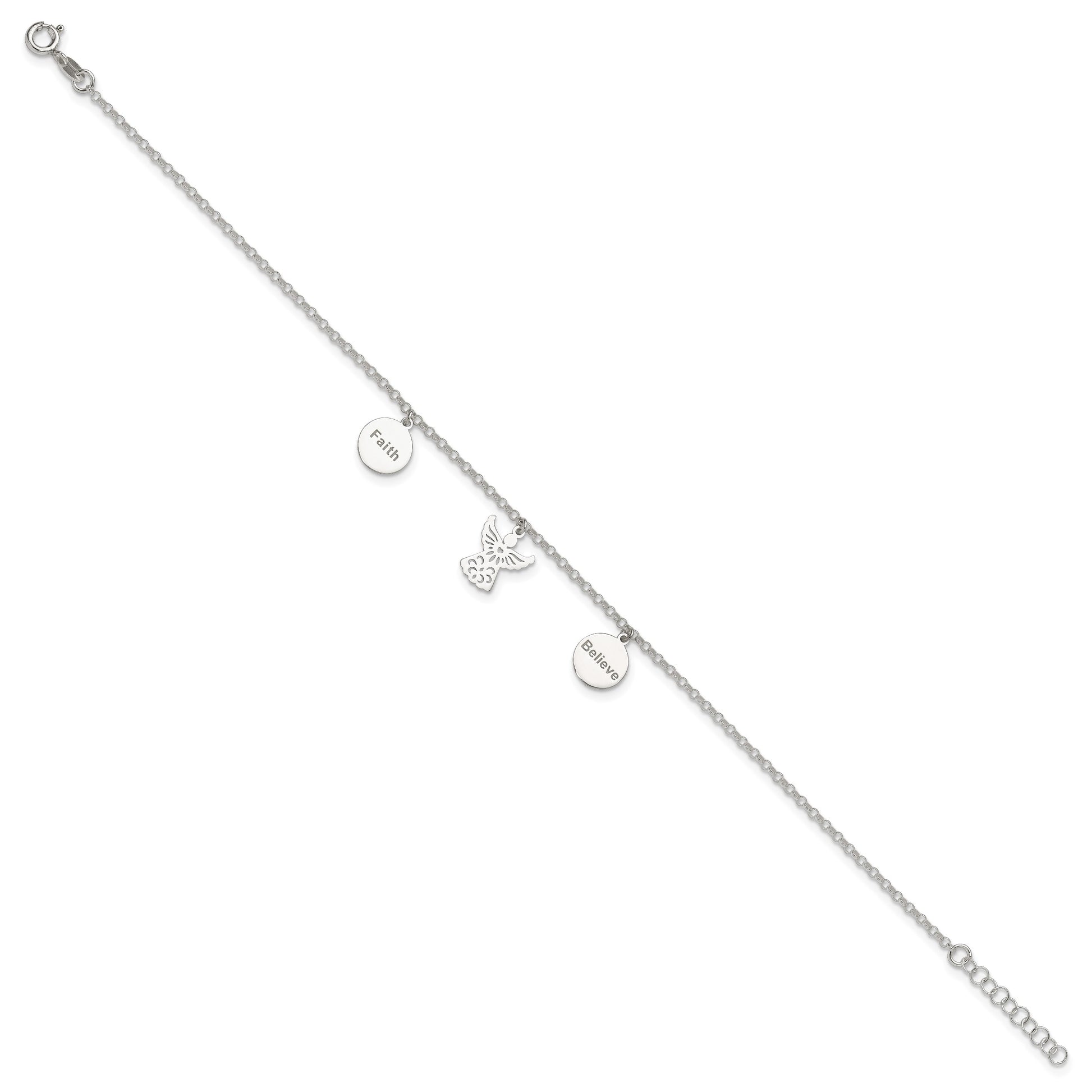 Sterling Silver Faith/Believe/Angel 9 inch Plus 1 inch Extender - Total 10 inch Anklet