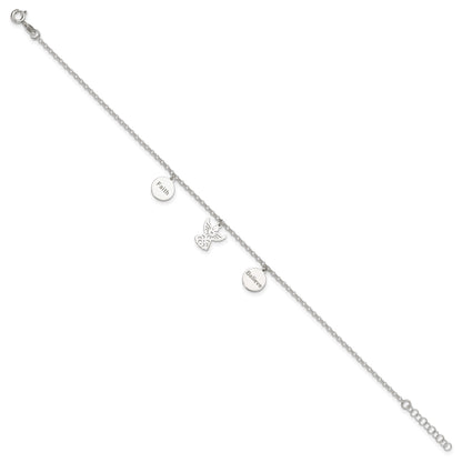 Sterling Silver Faith/Believe/Angel 9 inch Plus 1 inch Extender - Total 10 inch Anklet