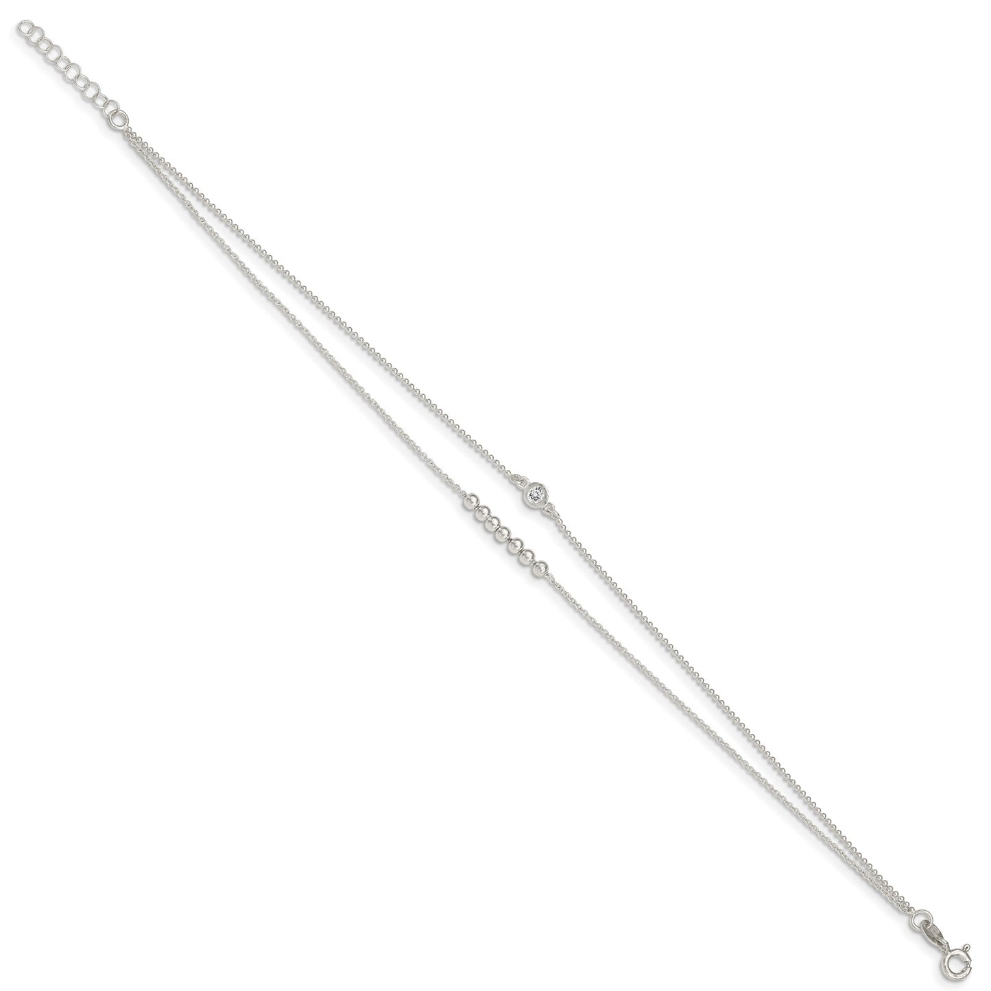 Sterling Silver 2-Strand Beaded CZ 9 inch Plus 1 inch Extender - Total 10 inch Anklet