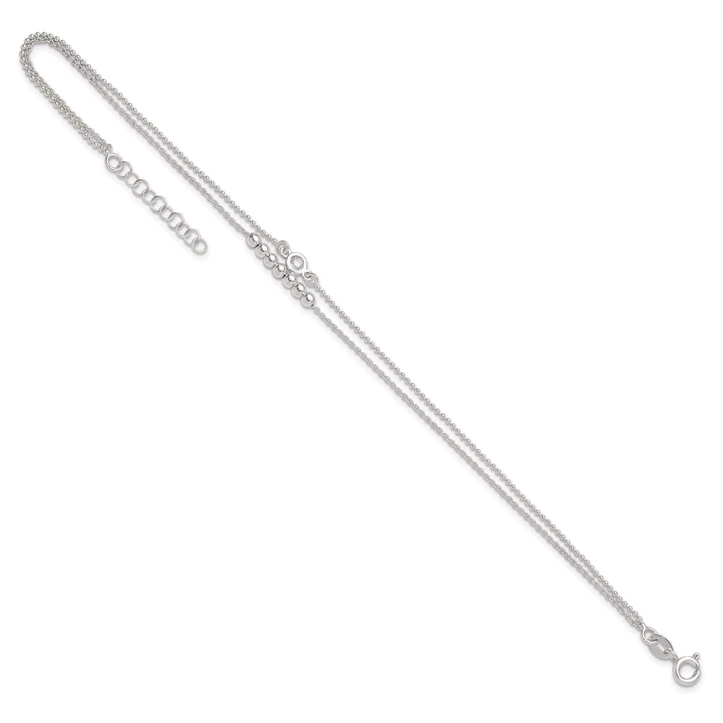 Sterling Silver 2-Strand Beaded CZ 9 inch Plus 1 inch Extender - Total 10 inch Anklet