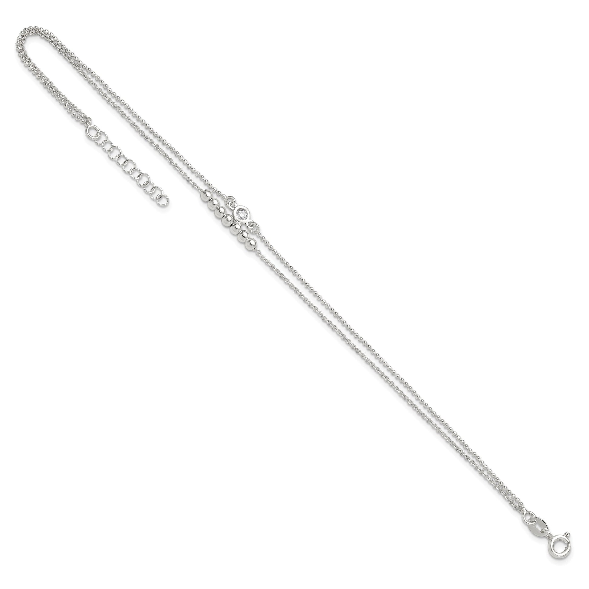 Sterling Silver 2-Strand Beaded CZ 9 inch Plus 1 inch Extender - Total 10 inch Anklet