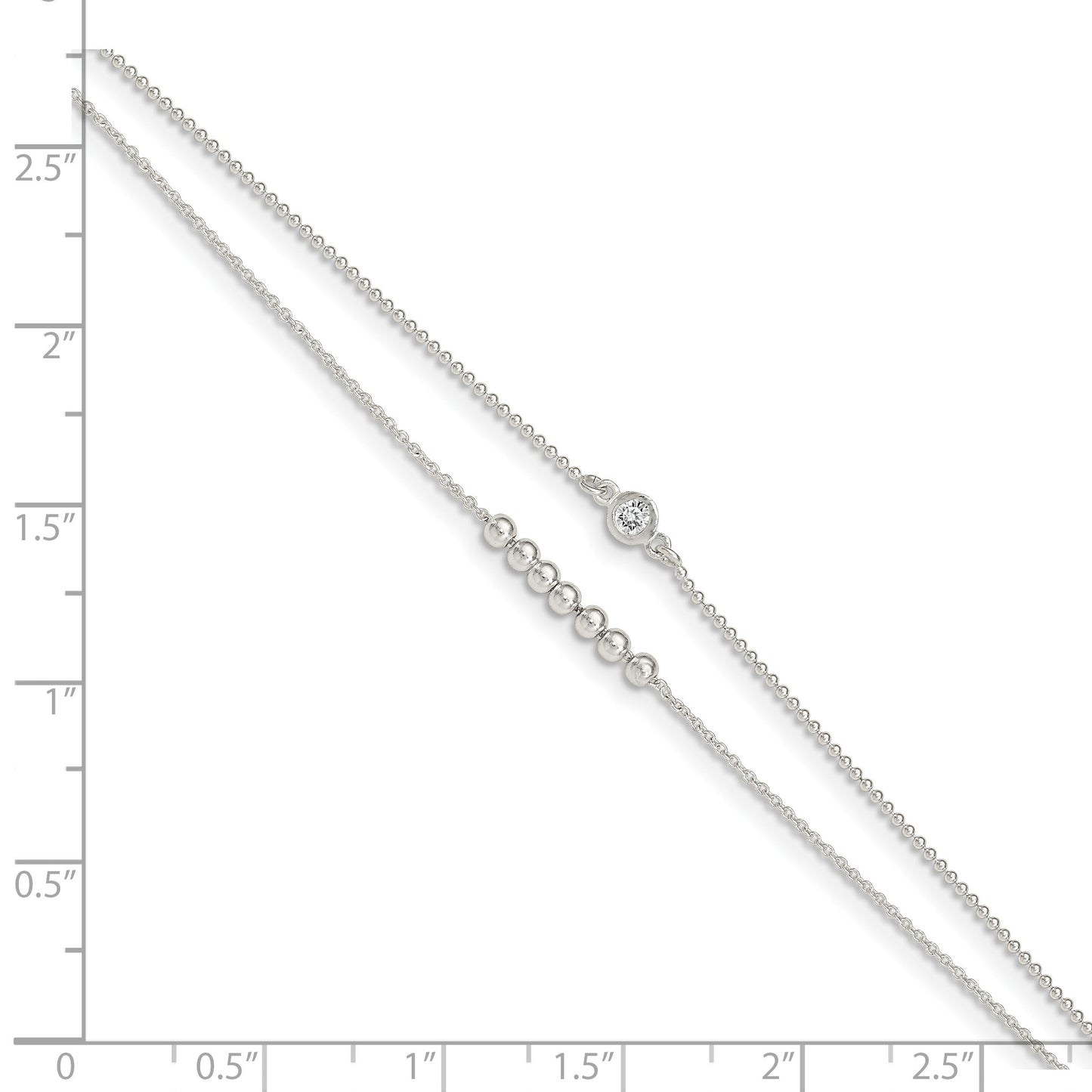 Sterling Silver 2-Strand Beaded CZ 9 inch Plus 1 inch Extender - Total 10 inch Anklet
