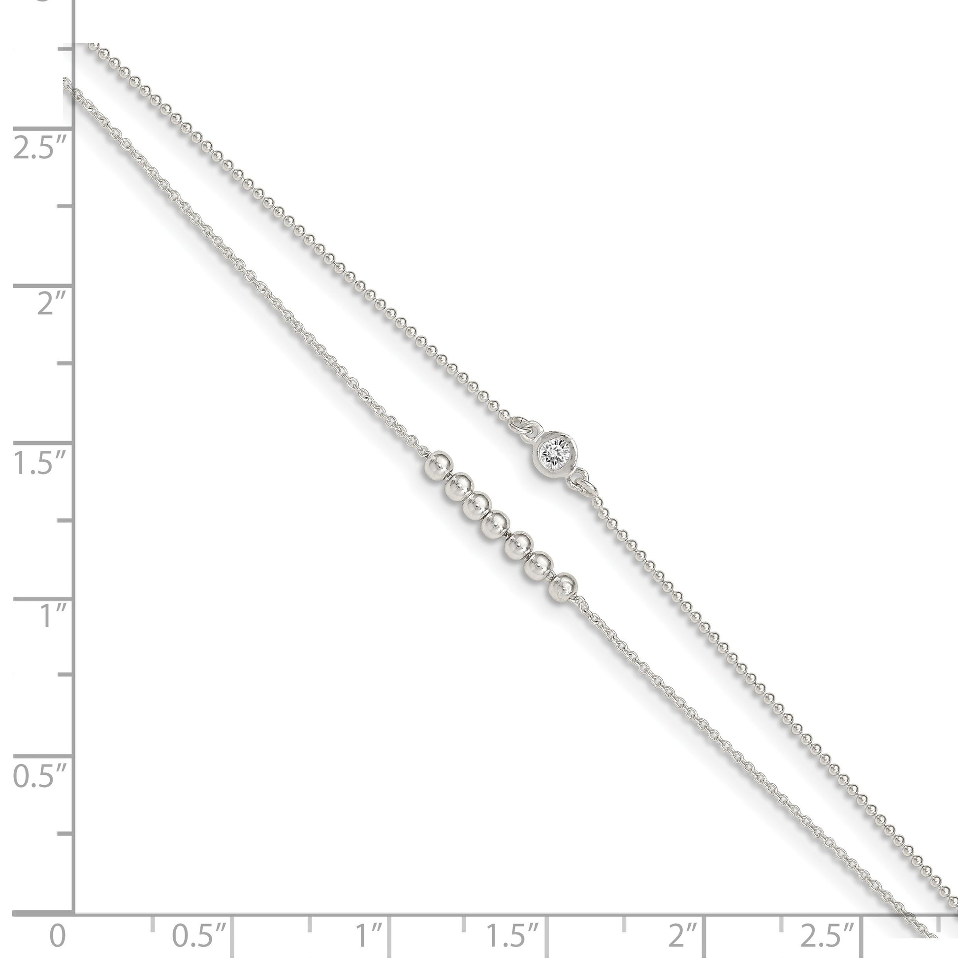 Sterling Silver 2-Strand Beaded CZ 9 inch Plus 1 inch Extender - Total 10 inch Anklet