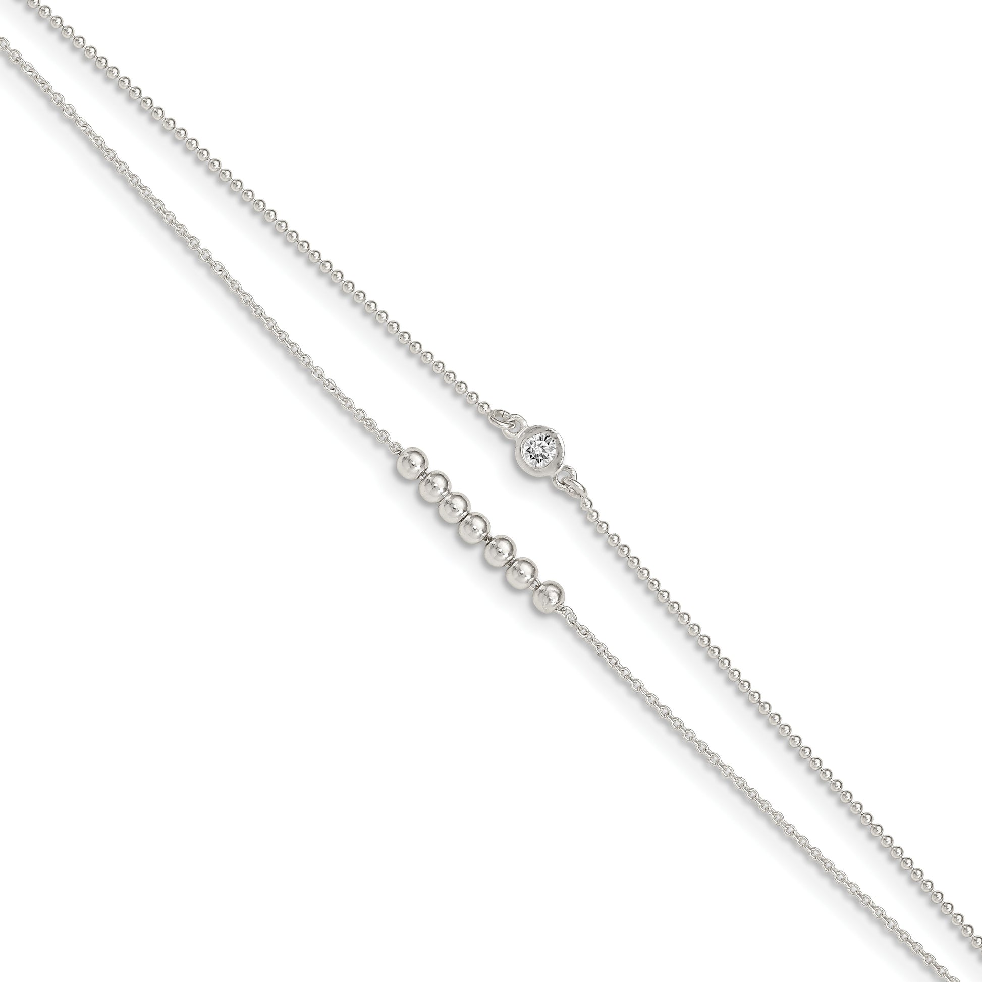 Sterling Silver 2-Strand Beaded CZ 9 inch Plus 1 inch Extender - Total 10 inch Anklet
