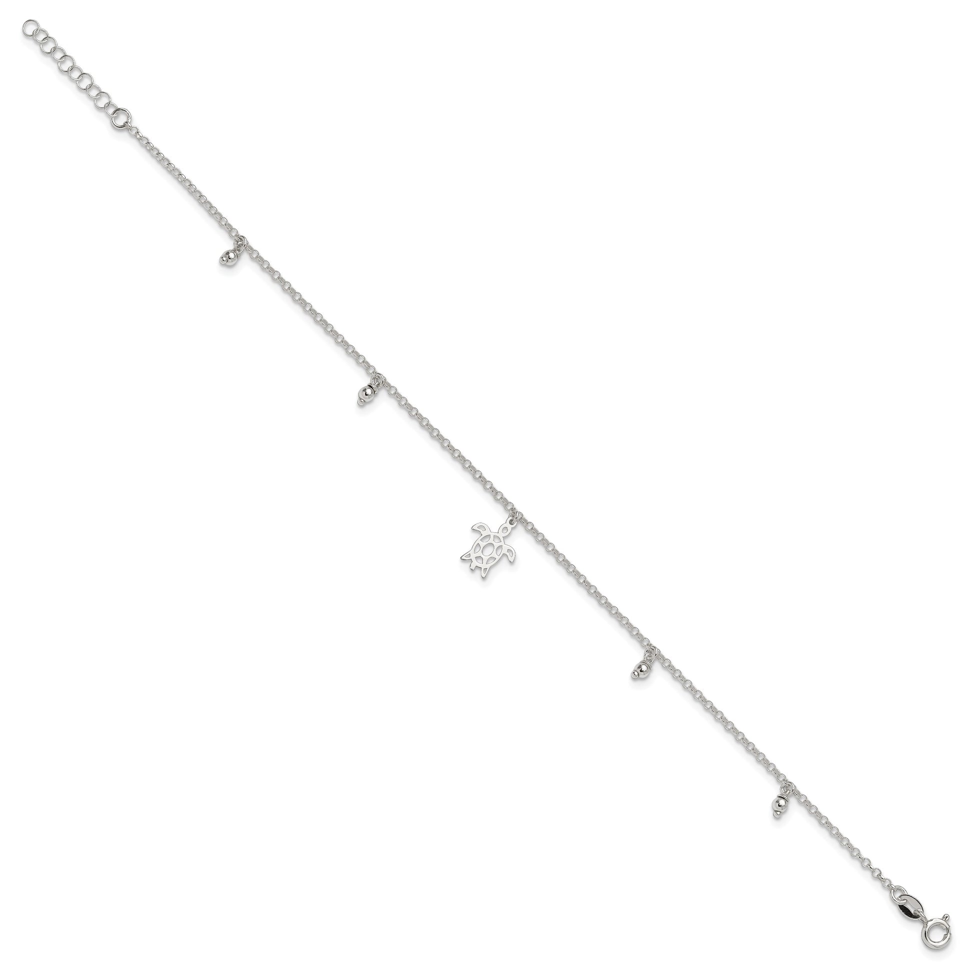 Sterling Silver Turtle and Beads 9 inch Plus 1 inch Extender - Total 10 inch Anklet