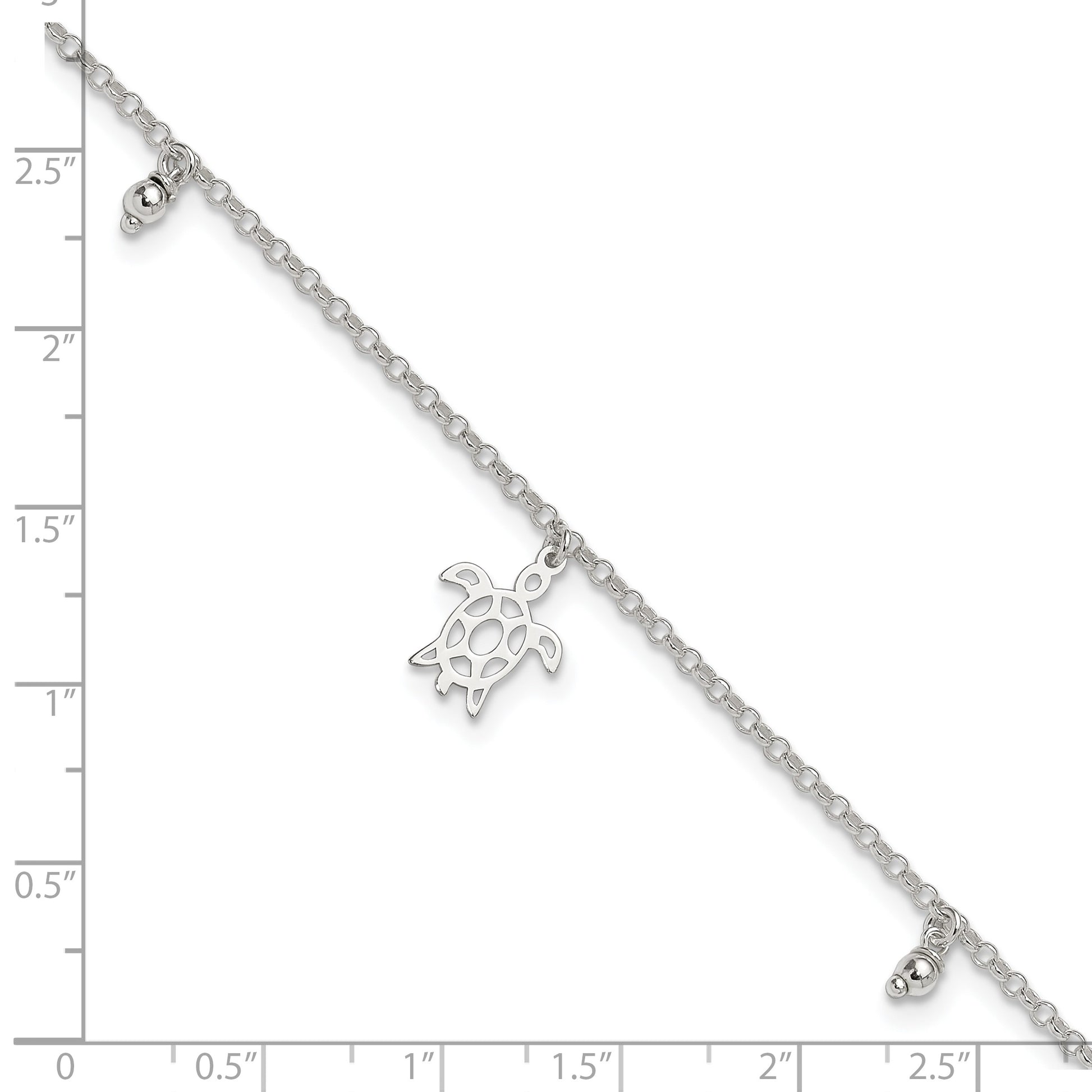 Sterling Silver Turtle and Beads 9 inch Plus 1 inch Extender - Total 10 inch Anklet