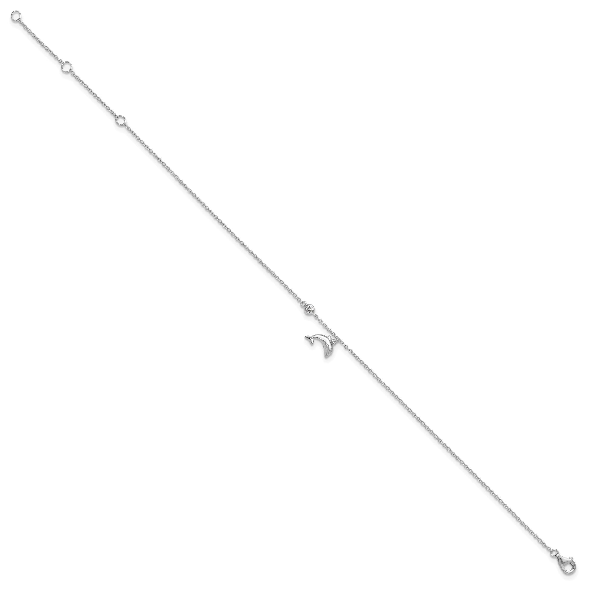 Sterling Silver Rhodium-plated CZ Dolphin 9 inch Plus 2 inch Extender - Total 11 inch Anklet