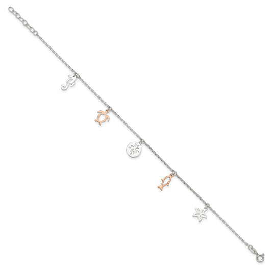 Sterling Silver Rose-tone Seashore Charms 9 inch Plus 1 inch Extender - Total 10 inch Anklet