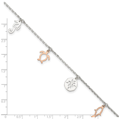 Sterling Silver Rose-tone Seashore Charms 9 inch Plus 1 inch Extender - Total 10 inch Anklet