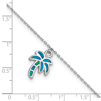 Sterling Silver Rhodium-plated Created Opal Palm Tree 9 inch Plus 1 inch Extender - Total 10 inch Anklet