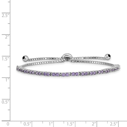 Sterling Silver Rhodium-plated February Purple CZ Adjustable Bracelet